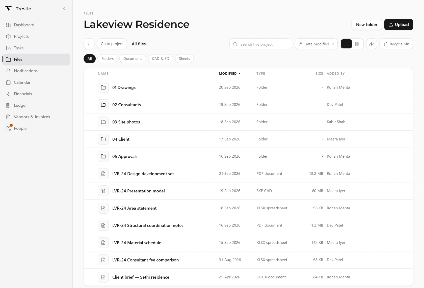 The Trestle file manager inside a project, listing drawing folders and files with their type, size and who added them.