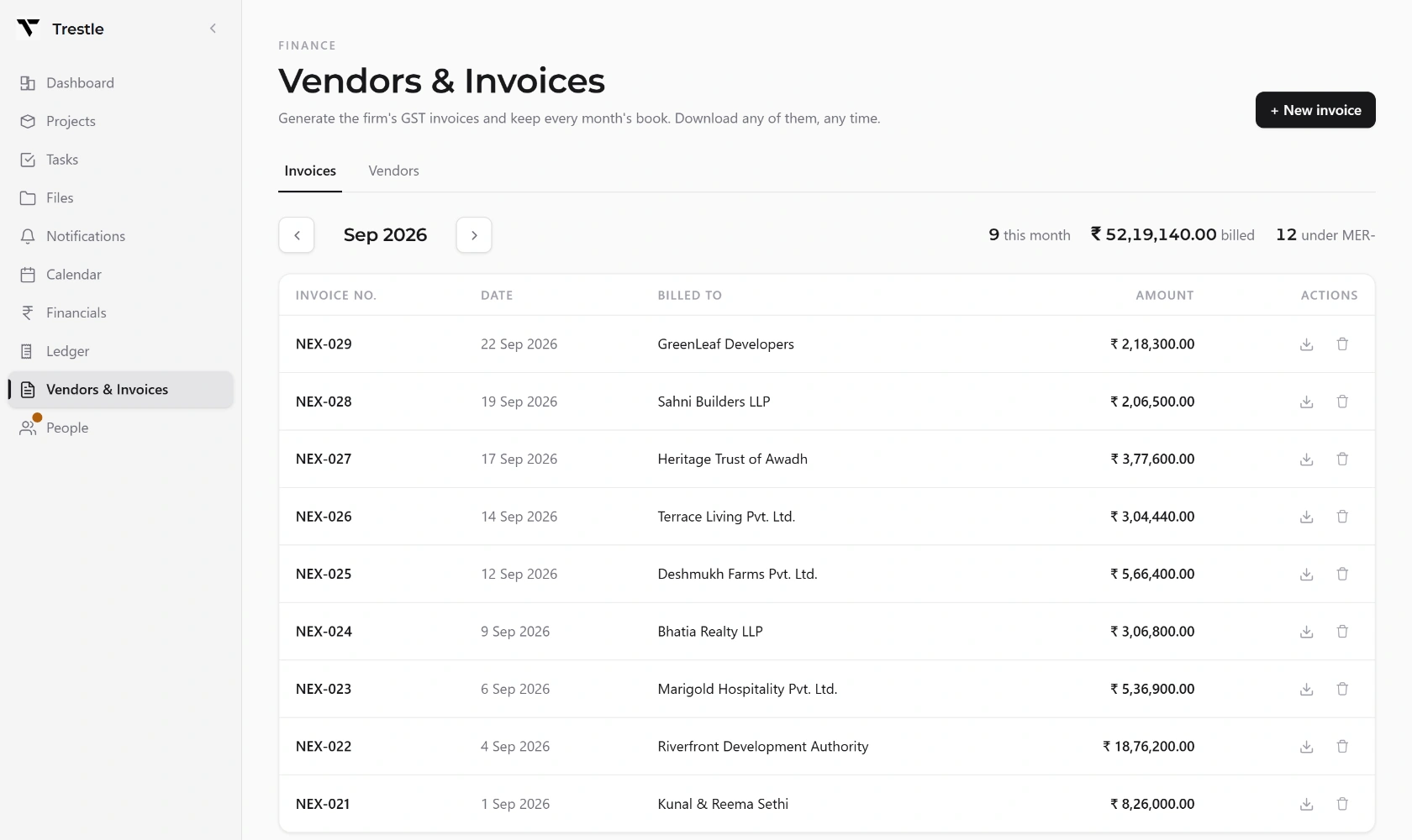 The Trestle invoice register for a month, listing GST invoices by number, date, client and amount.
