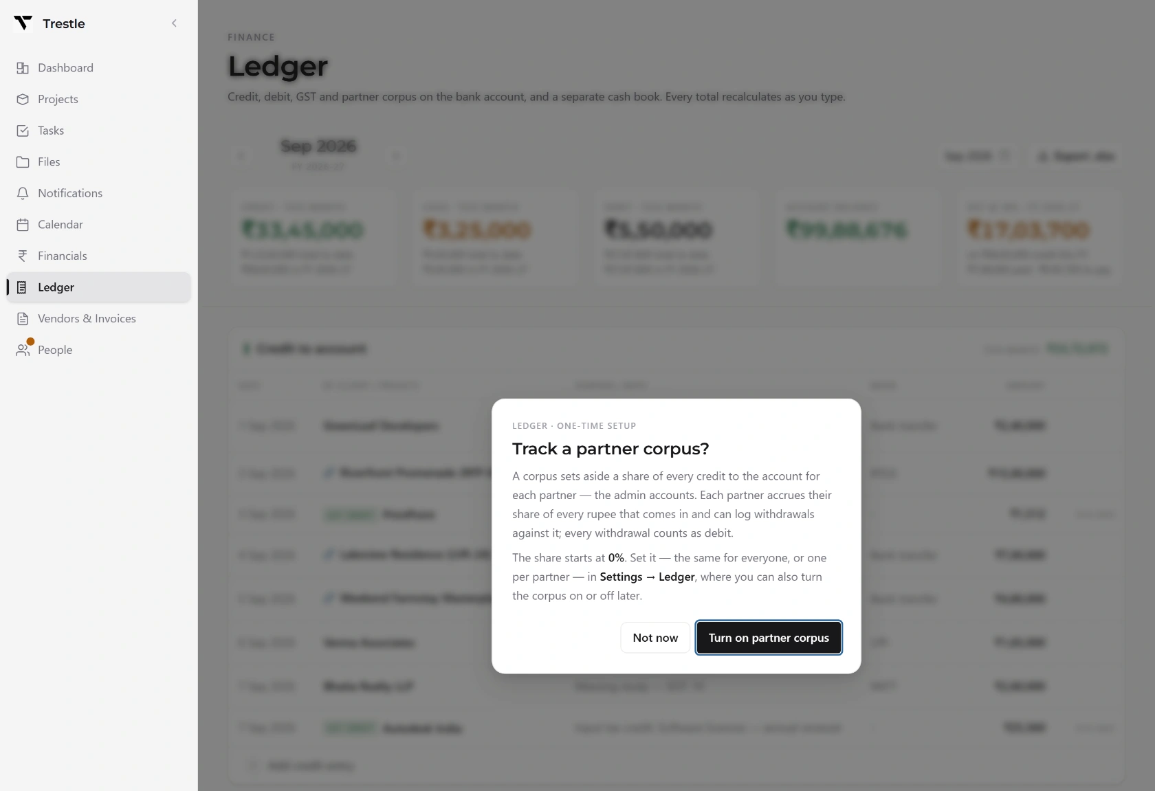 The Trestle ledger for a month, with credit, cash in hand, debit, account balance and GST owed, above the credit table.