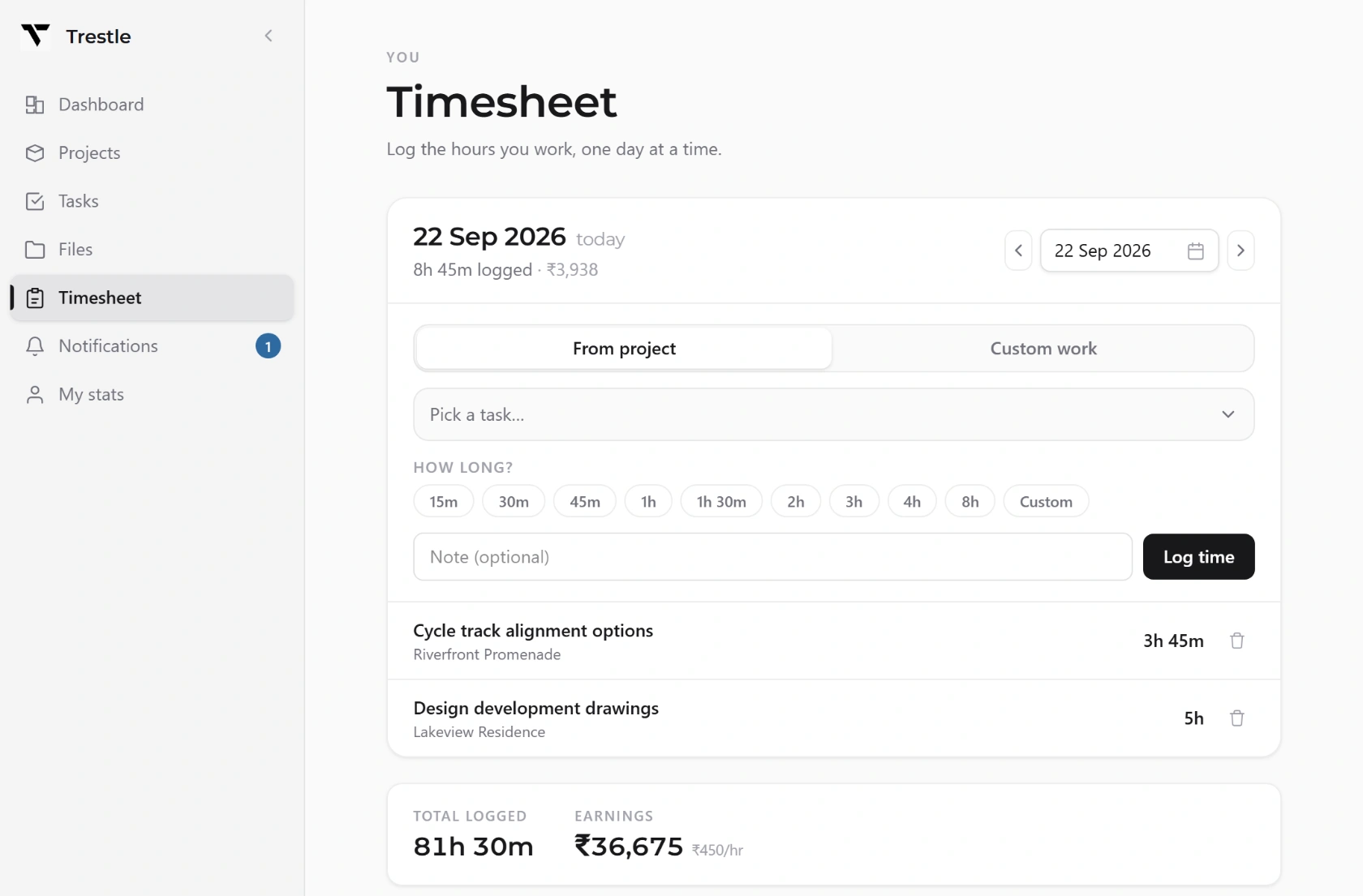 A Trestle timesheet: hours logged against a task for the day, with the total and the earnings calculated from an hourly rate.